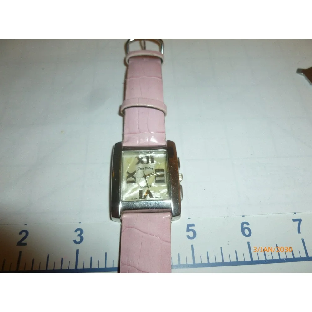 Fred Belay Womens Watch Pink Leather‎ Croc Band Mother of Pearl Dial New Battery